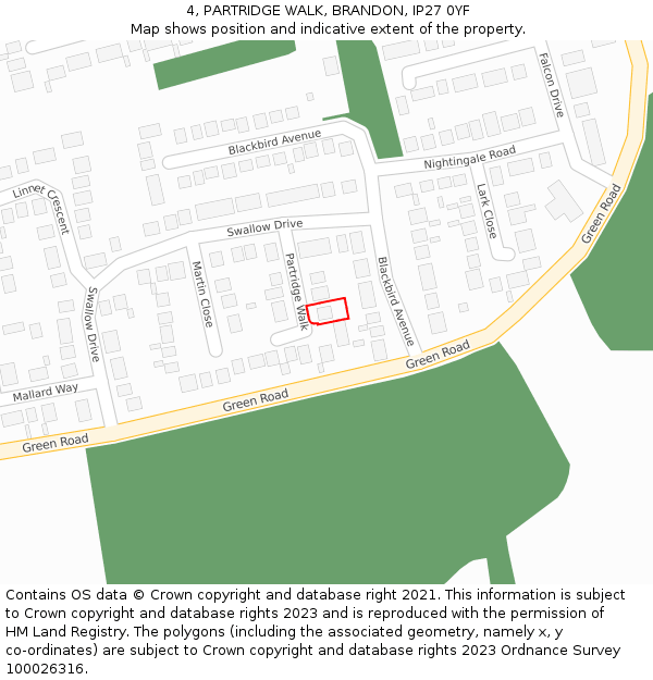4, PARTRIDGE WALK, BRANDON, IP27 0YF: Location map and indicative extent of plot