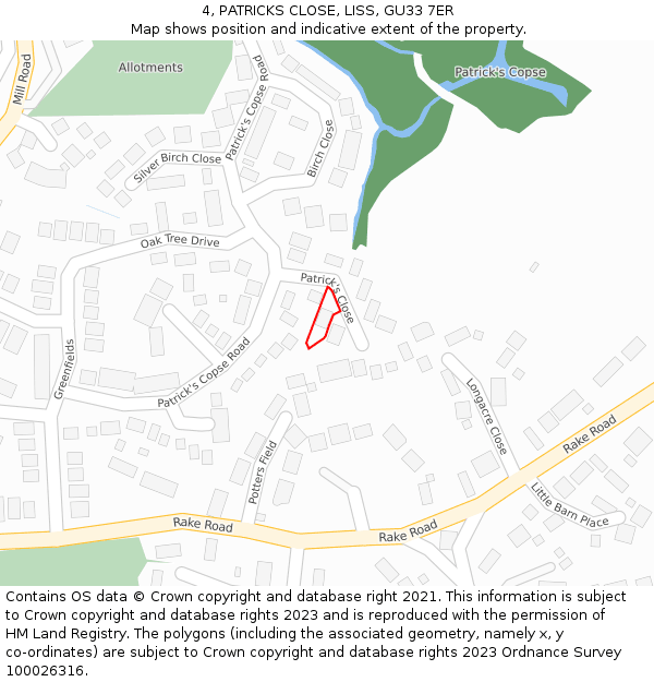 4, PATRICKS CLOSE, LISS, GU33 7ER: Location map and indicative extent of plot