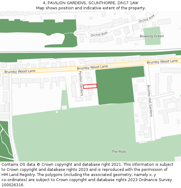 4, PAVILION GARDENS, SCUNTHORPE, DN17 1AW: Location map and indicative extent of plot
