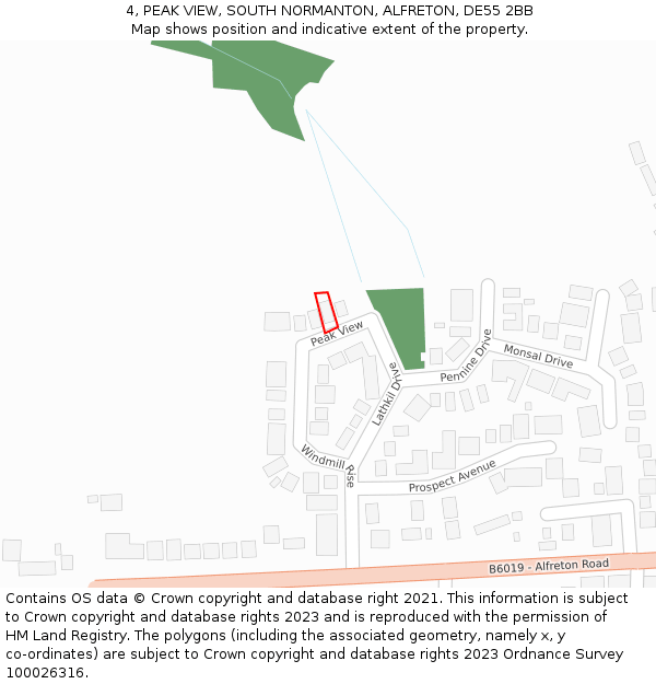 4, PEAK VIEW, SOUTH NORMANTON, ALFRETON, DE55 2BB: Location map and indicative extent of plot