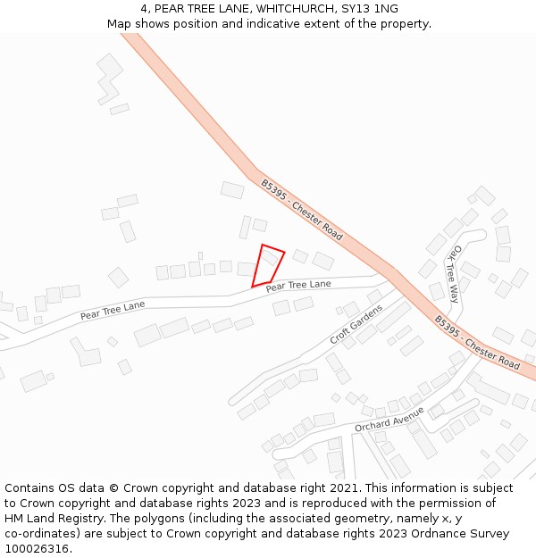 4, PEAR TREE LANE, WHITCHURCH, SY13 1NG: Location map and indicative extent of plot