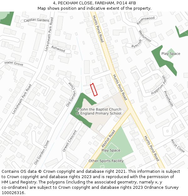 4, PECKHAM CLOSE, FAREHAM, PO14 4FB: Location map and indicative extent of plot