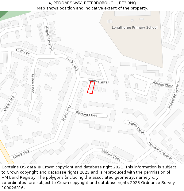 4, PEDDARS WAY, PETERBOROUGH, PE3 9NQ: Location map and indicative extent of plot