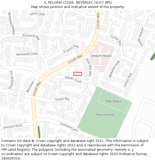4, PELHAM CLOSE, BEVERLEY, HU17 8PN: Location map and indicative extent of plot