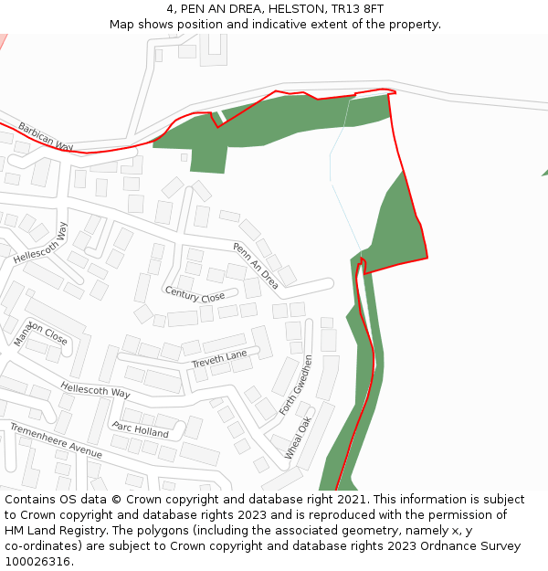 4, PEN AN DREA, HELSTON, TR13 8FT: Location map and indicative extent of plot