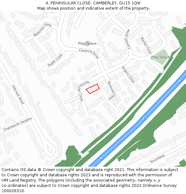 4, PENINSULAR CLOSE, CAMBERLEY, GU15 1QW: Location map and indicative extent of plot