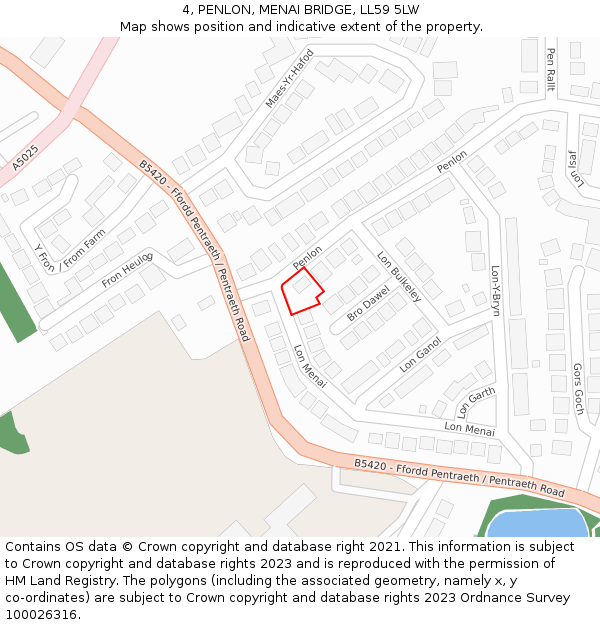 4, PENLON, MENAI BRIDGE, LL59 5LW: Location map and indicative extent of plot