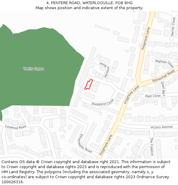 4, PENTERE ROAD, WATERLOOVILLE, PO8 9HG: Location map and indicative extent of plot