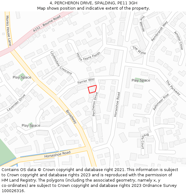 4, PERCHERON DRIVE, SPALDING, PE11 3GH: Location map and indicative extent of plot