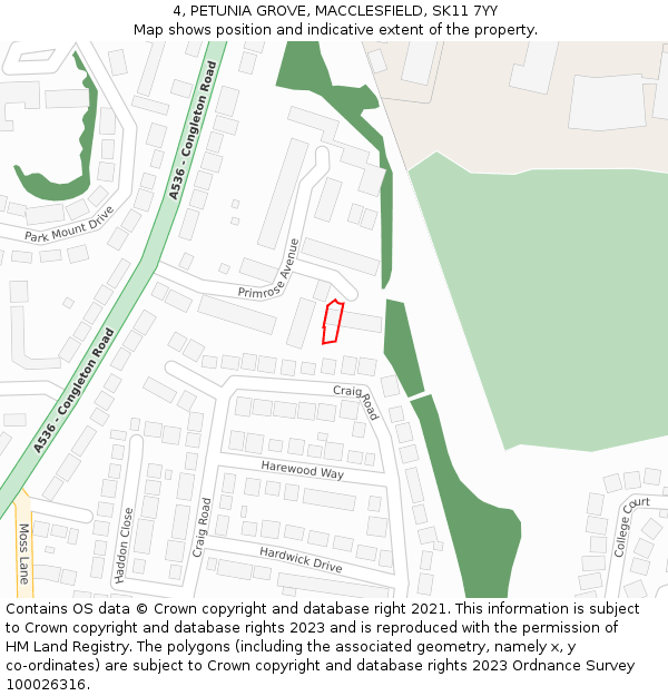 4, PETUNIA GROVE, MACCLESFIELD, SK11 7YY: Location map and indicative extent of plot