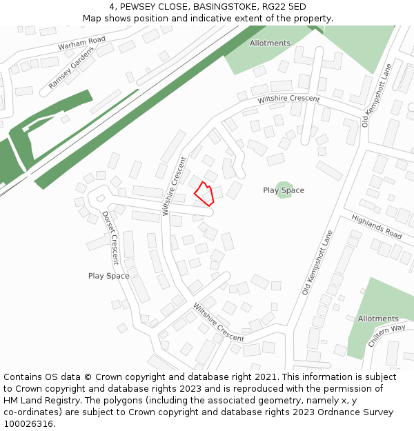 4, PEWSEY CLOSE, BASINGSTOKE, RG22 5ED: Location map and indicative extent of plot