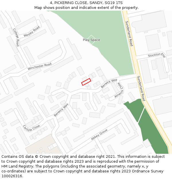 4, PICKERING CLOSE, SANDY, SG19 1TS: Location map and indicative extent of plot