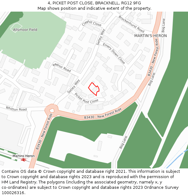 4, PICKET POST CLOSE, BRACKNELL, RG12 9FG: Location map and indicative extent of plot