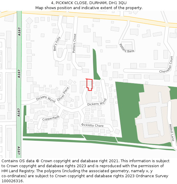 4, PICKWICK CLOSE, DURHAM, DH1 3QU: Location map and indicative extent of plot