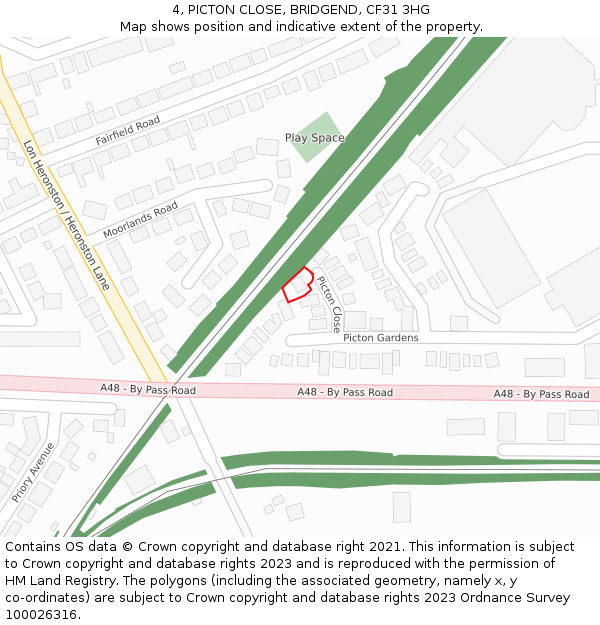 4, PICTON CLOSE, BRIDGEND, CF31 3HG: Location map and indicative extent of plot