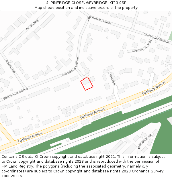 4, PINERIDGE CLOSE, WEYBRIDGE, KT13 9SP: Location map and indicative extent of plot