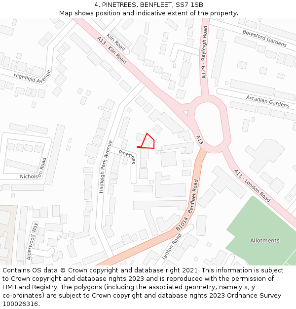 4, PINETREES, BENFLEET, SS7 1SB: Location map and indicative extent of plot