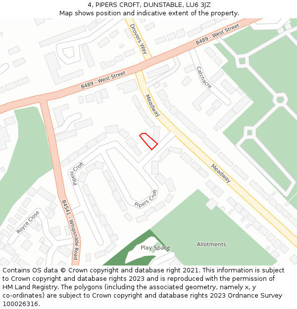 4, PIPERS CROFT, DUNSTABLE, LU6 3JZ: Location map and indicative extent of plot