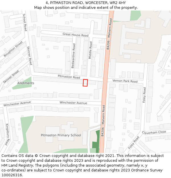 4, PITMASTON ROAD, WORCESTER, WR2 4HY: Location map and indicative extent of plot
