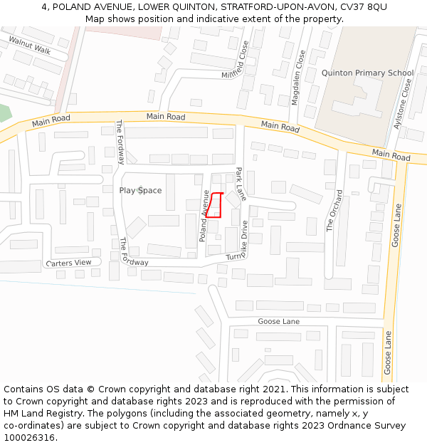 4, POLAND AVENUE, LOWER QUINTON, STRATFORD-UPON-AVON, CV37 8QU: Location map and indicative extent of plot