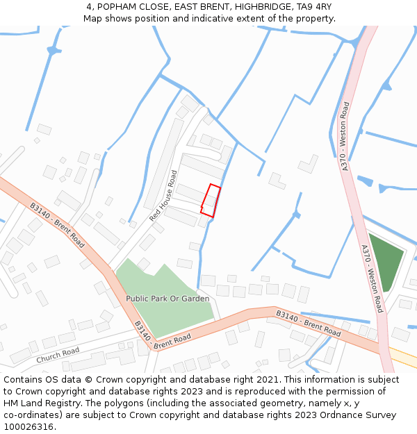 4, POPHAM CLOSE, EAST BRENT, HIGHBRIDGE, TA9 4RY: Location map and indicative extent of plot