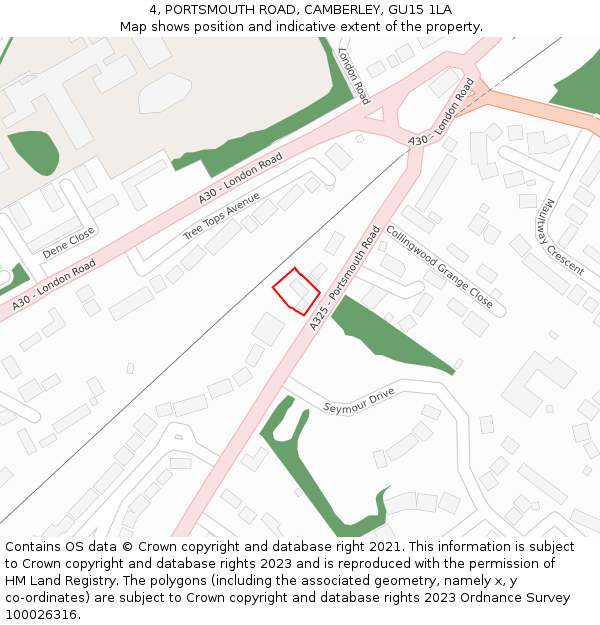 4, PORTSMOUTH ROAD, CAMBERLEY, GU15 1LA: Location map and indicative extent of plot