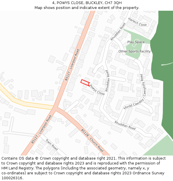 4, POWYS CLOSE, BUCKLEY, CH7 3QH: Location map and indicative extent of plot