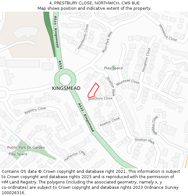 4, PRESTBURY CLOSE, NORTHWICH, CW9 8UE: Location map and indicative extent of plot