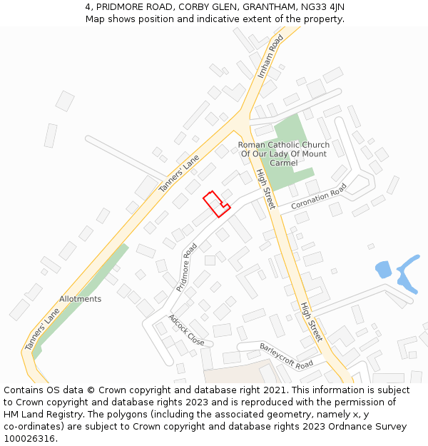 4, PRIDMORE ROAD, CORBY GLEN, GRANTHAM, NG33 4JN: Location map and indicative extent of plot