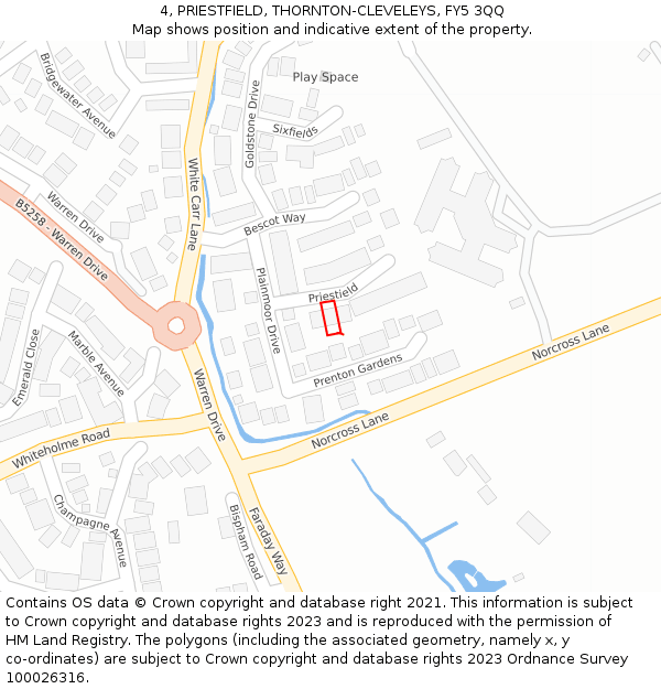 4, PRIESTFIELD, THORNTON-CLEVELEYS, FY5 3QQ: Location map and indicative extent of plot