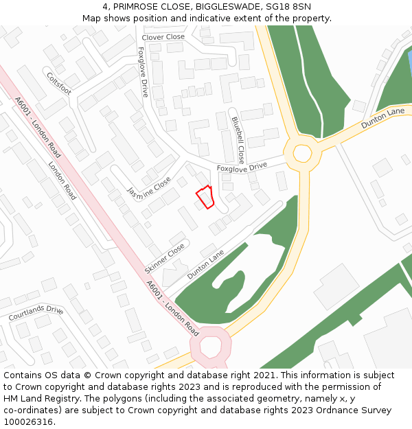 4, PRIMROSE CLOSE, BIGGLESWADE, SG18 8SN: Location map and indicative extent of plot