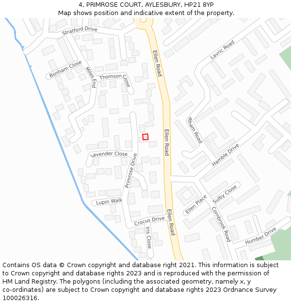4, PRIMROSE COURT, AYLESBURY, HP21 8YP: Location map and indicative extent of plot