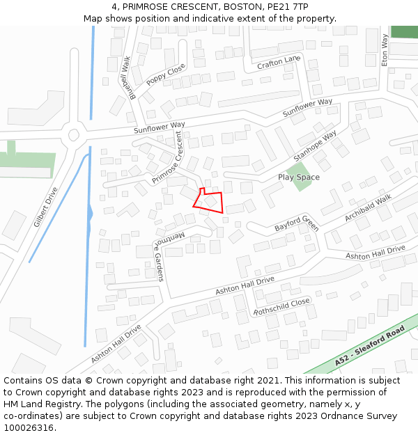 4, PRIMROSE CRESCENT, BOSTON, PE21 7TP: Location map and indicative extent of plot