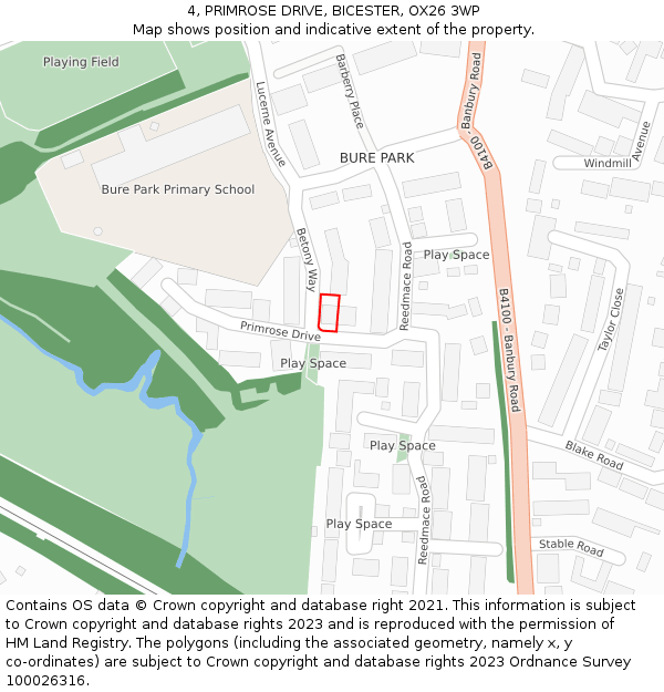 4, PRIMROSE DRIVE, BICESTER, OX26 3WP: Location map and indicative extent of plot