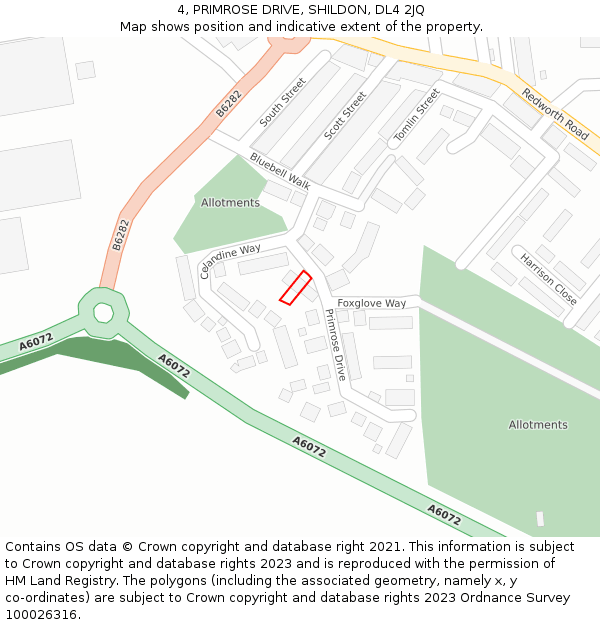4, PRIMROSE DRIVE, SHILDON, DL4 2JQ: Location map and indicative extent of plot