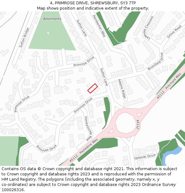 4, PRIMROSE DRIVE, SHREWSBURY, SY3 7TP: Location map and indicative extent of plot