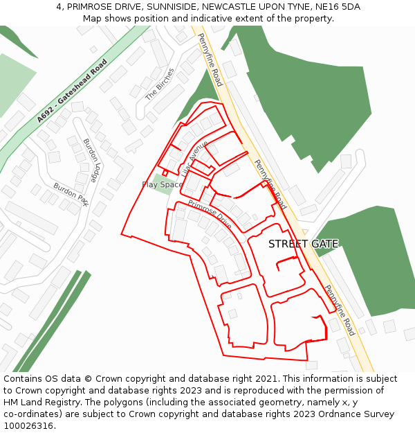 4, PRIMROSE DRIVE, SUNNISIDE, NEWCASTLE UPON TYNE, NE16 5DA: Location map and indicative extent of plot