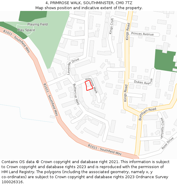 4, PRIMROSE WALK, SOUTHMINSTER, CM0 7TZ: Location map and indicative extent of plot