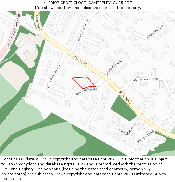 4, PRIOR CROFT CLOSE, CAMBERLEY, GU15 1DE: Location map and indicative extent of plot