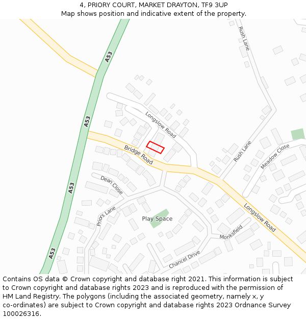 4, PRIORY COURT, MARKET DRAYTON, TF9 3UP: Location map and indicative extent of plot