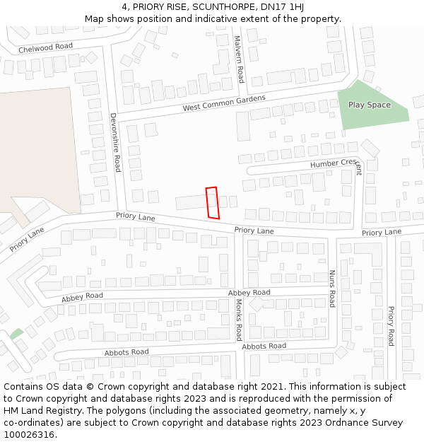 4, PRIORY RISE, SCUNTHORPE, DN17 1HJ: Location map and indicative extent of plot