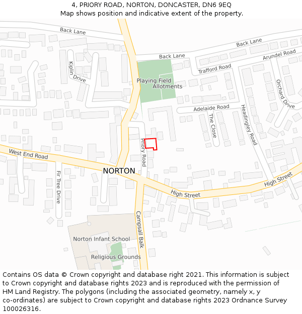 4, PRIORY ROAD, NORTON, DONCASTER, DN6 9EQ: Location map and indicative extent of plot