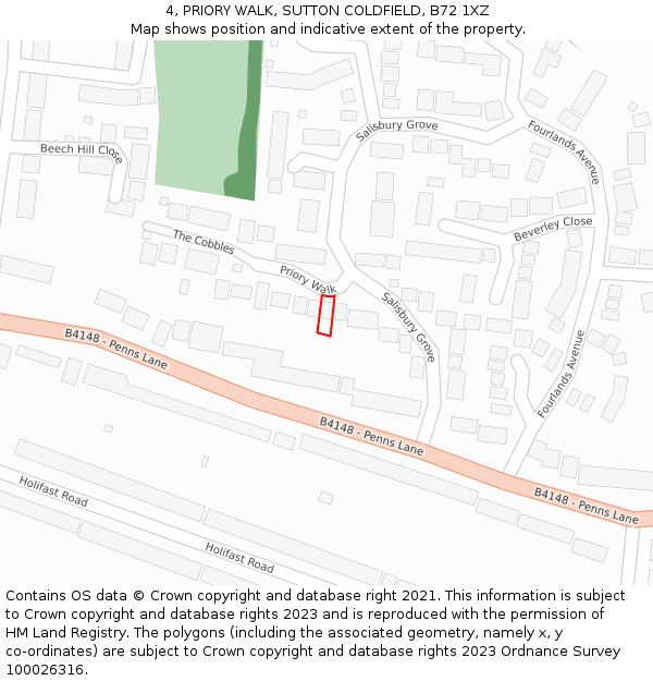 4, PRIORY WALK, SUTTON COLDFIELD, B72 1XZ: Location map and indicative extent of plot