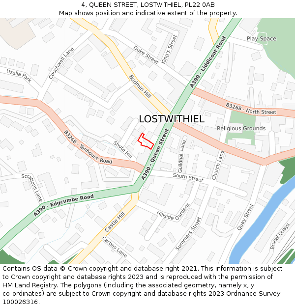 4, QUEEN STREET, LOSTWITHIEL, PL22 0AB: Location map and indicative extent of plot