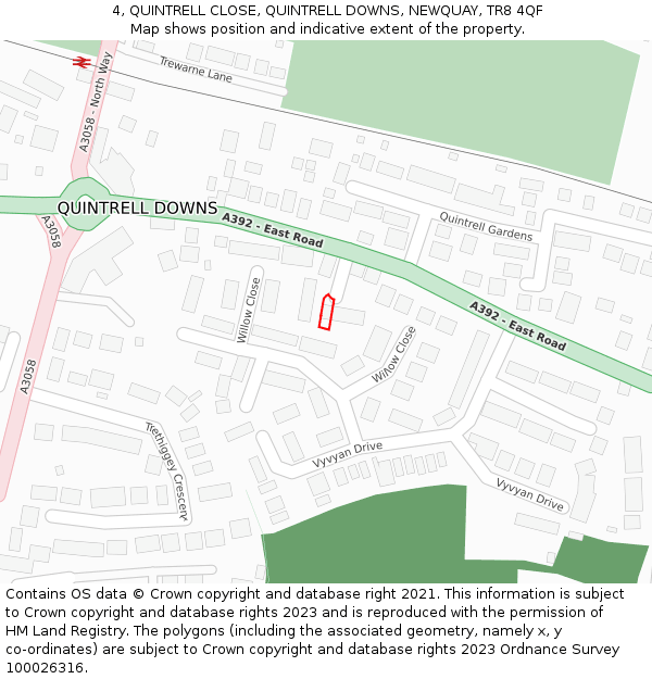 4, QUINTRELL CLOSE, QUINTRELL DOWNS, NEWQUAY, TR8 4QF: Location map and indicative extent of plot