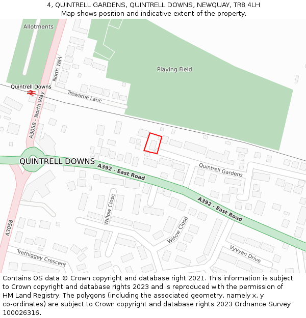 4, QUINTRELL GARDENS, QUINTRELL DOWNS, NEWQUAY, TR8 4LH: Location map and indicative extent of plot