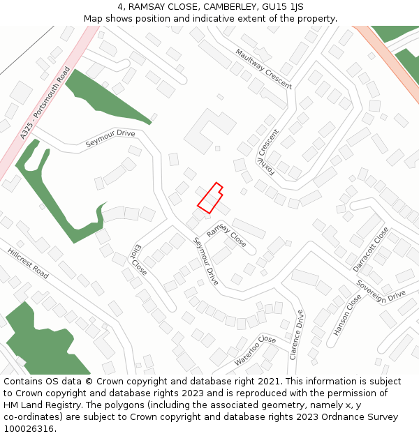 4, RAMSAY CLOSE, CAMBERLEY, GU15 1JS: Location map and indicative extent of plot