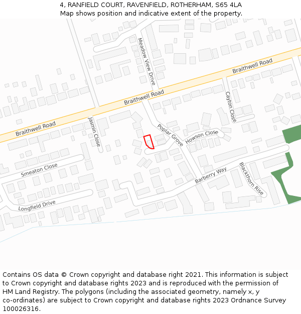 4, RANFIELD COURT, RAVENFIELD, ROTHERHAM, S65 4LA: Location map and indicative extent of plot