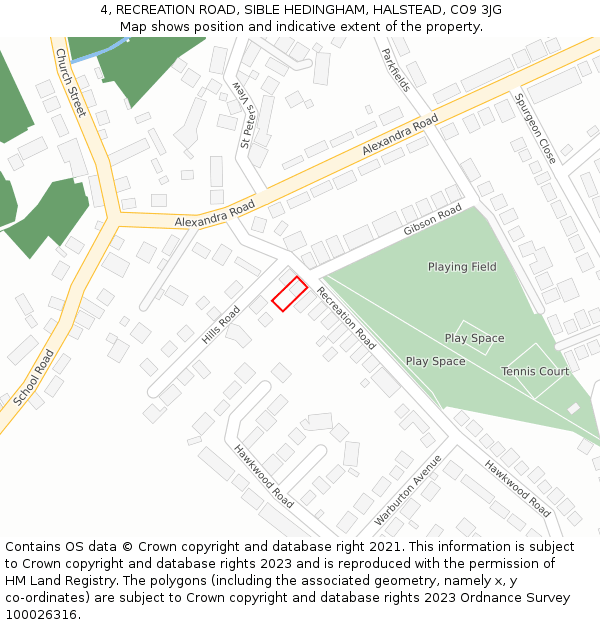 4, RECREATION ROAD, SIBLE HEDINGHAM, HALSTEAD, CO9 3JG: Location map and indicative extent of plot