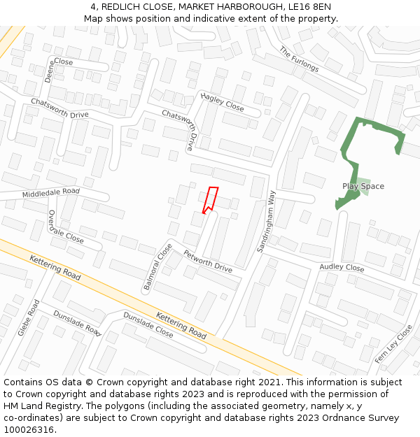 4, REDLICH CLOSE, MARKET HARBOROUGH, LE16 8EN: Location map and indicative extent of plot